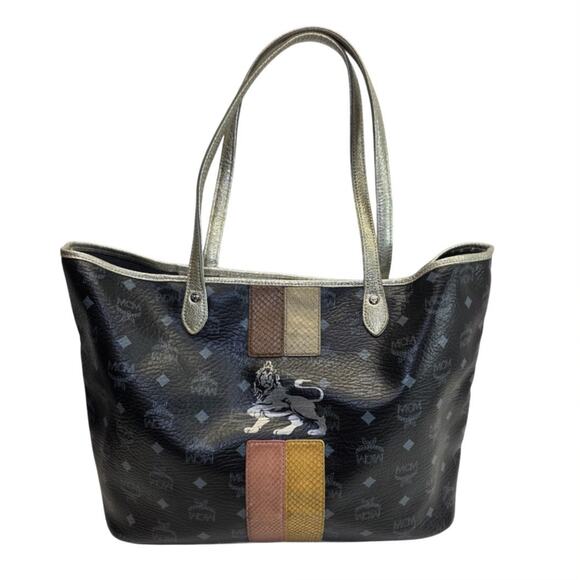 MCM Princess Lion Visetos Black Gold Large Tote Bag Shoulder Purse Munchen R0952 - Picture 1 of 15